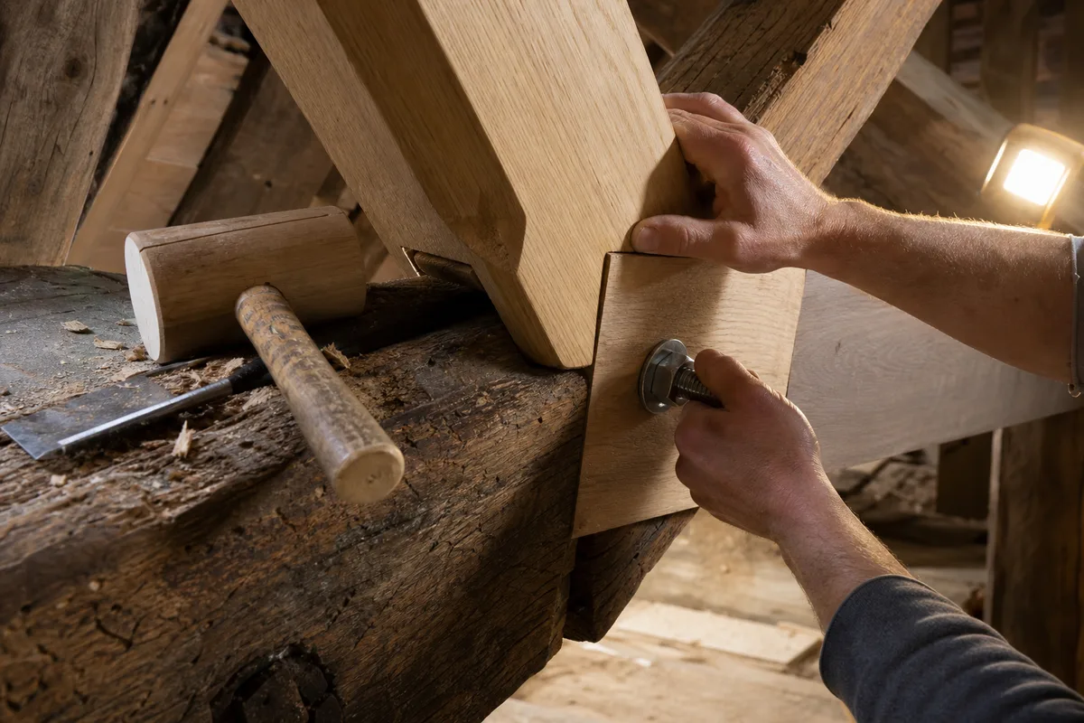 Charpentier assemblant une pièce de chêne neuve sur une ferme ancienne
