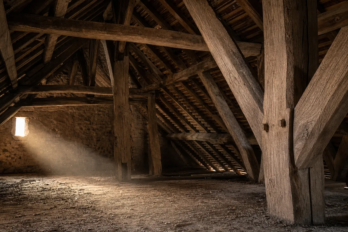 Charpente ancienne en chêne dans des combles, poutres massives sous lumière rasante