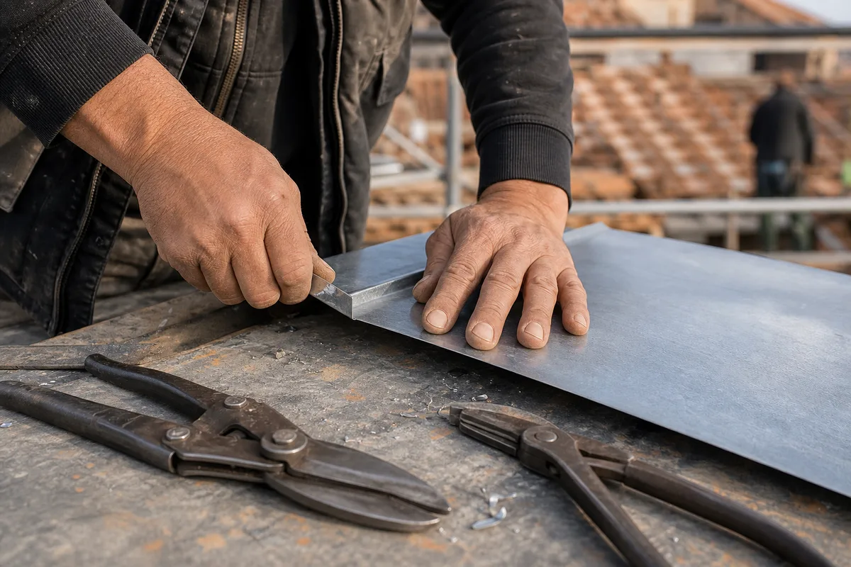 Zingueur façonnant un raccord de gouttière en zinc sur un établi de chantier