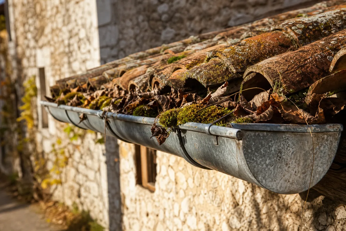 Gouttière en zinc remplie de feuilles mortes le long d’un toit de tuiles