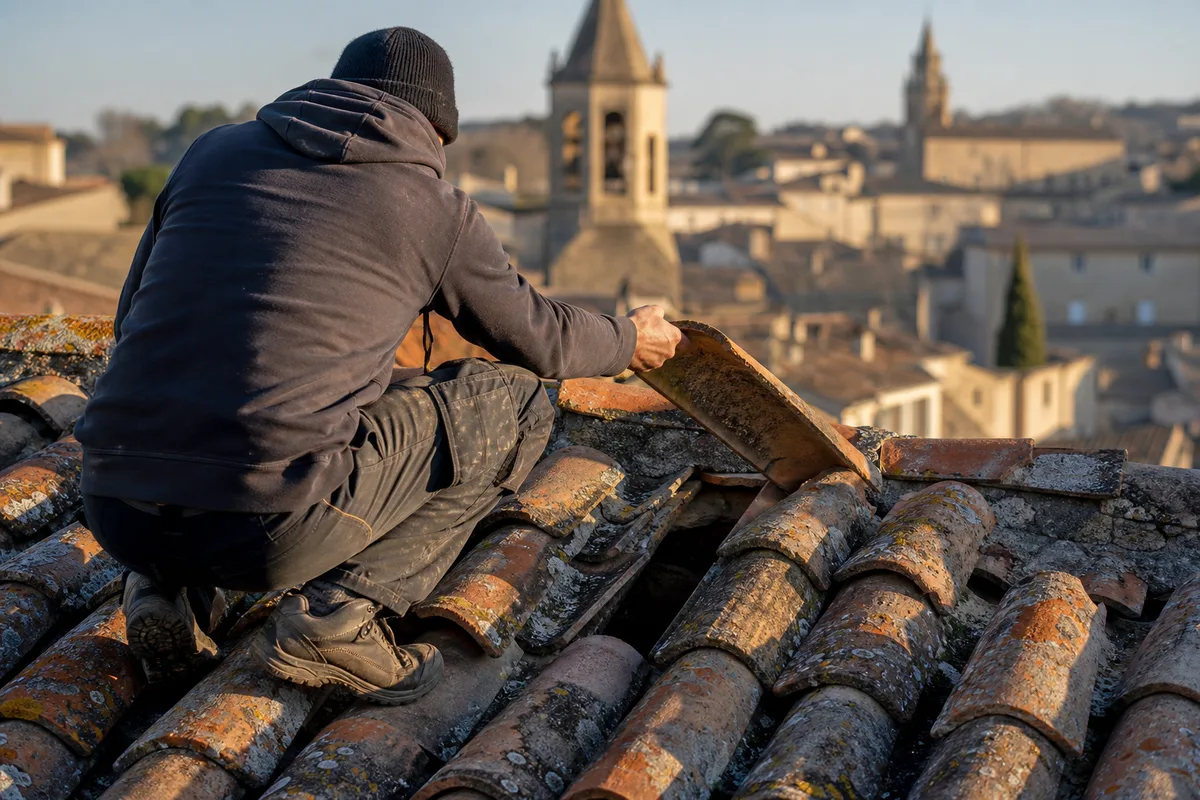 Couvreur inspectant des tuiles canal sur une toiture ancienne d’Angoulême