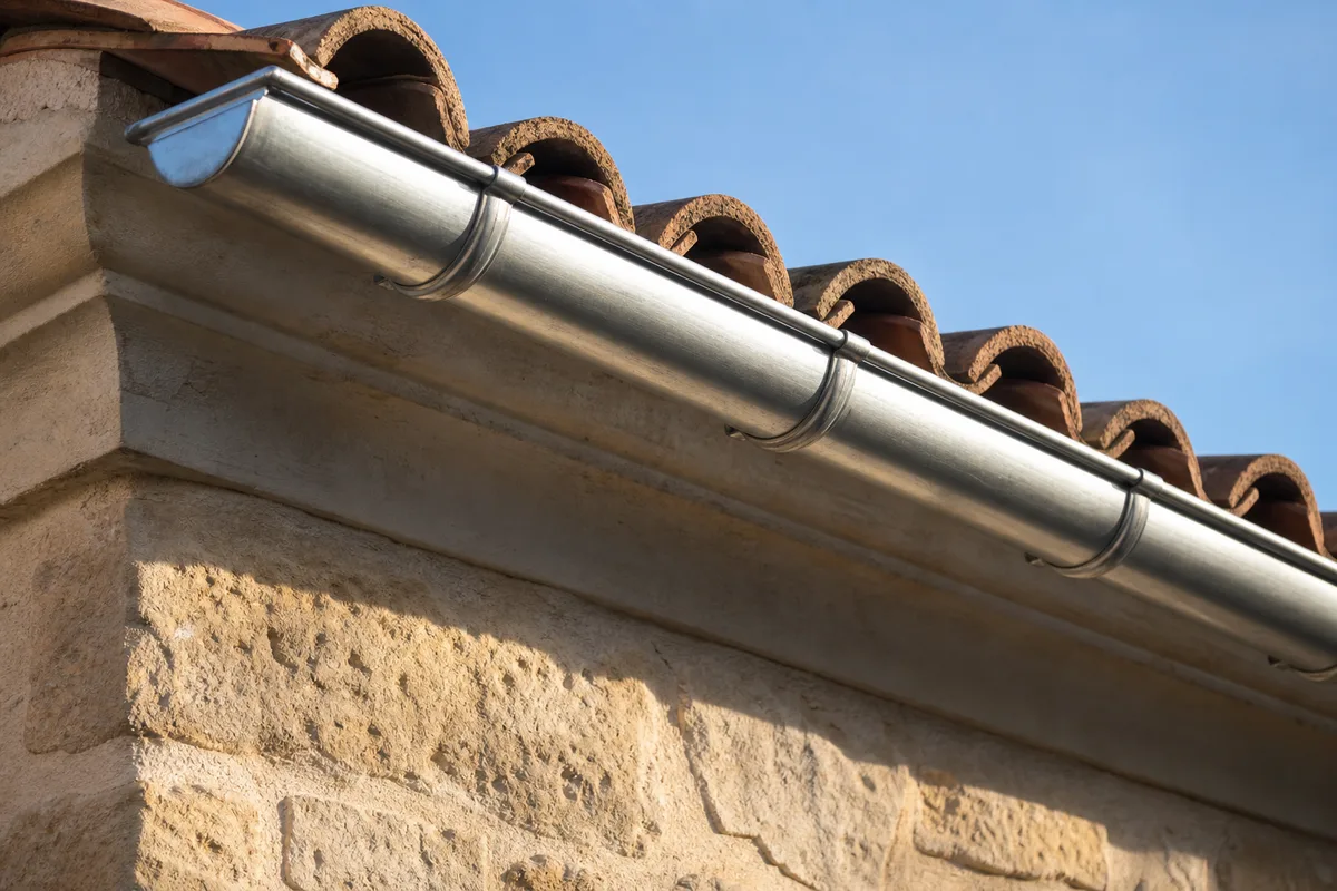 Gouttière demi-ronde en zinc sur une façade en pierre calcaire charentaise