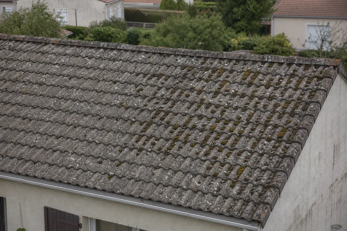 Toiture de pavillon des années 70 aux tuiles béton ternies, avant rénovation