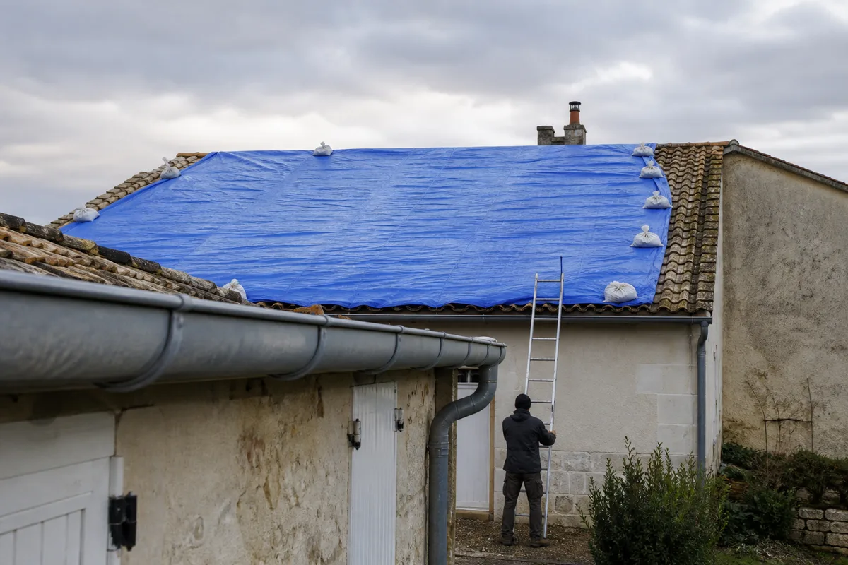 Bâche de protection tendue sur un pan de toiture d’un pavillon charentais