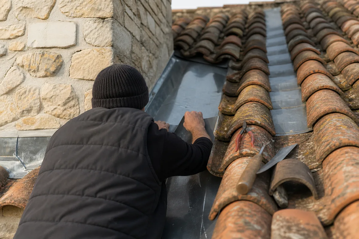 Zingueur façonnant une noue en zinc sur un toit ancien du plateau d’Angoulême
