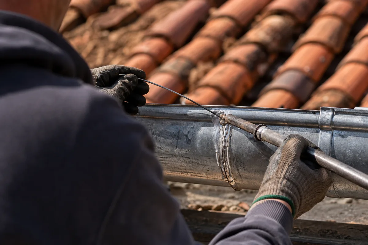 Soudure à l’étain sur une gouttière en zinc, gestes précis d’un artisan vu de dos